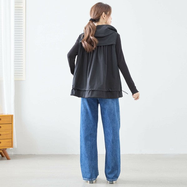 【L〜LL】ギャザーデザイン切替ベスト|異素材・フード付き・軽量ジレ・TRUBE(C03-178)