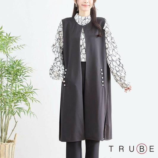 【L〜LL】TRUBE ポイントパールロングジレ 体型カバー/楽伸び N33-004