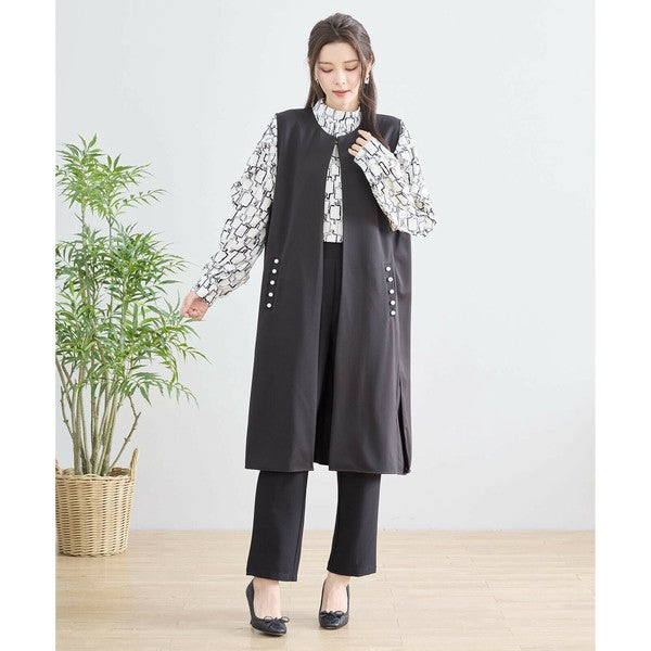 【L〜LL】TRUBE ポイントパールロングジレ 体型カバー/楽伸び N33-004