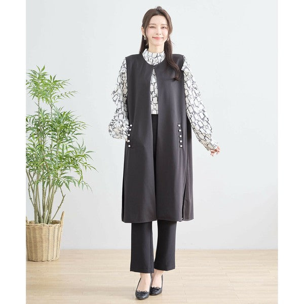 【L〜LL】TRUBE ポイントパールロングジレ 体型カバー/楽伸び N33-004