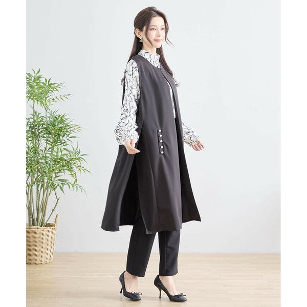 【L〜LL】TRUBE ポイントパールロングジレ 体型カバー/楽伸び N33-004