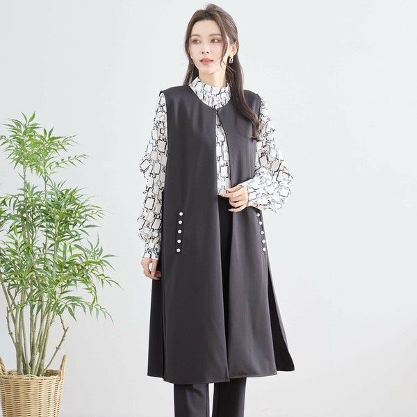 【L〜LL】TRUBE ポイントパールロングジレ 体型カバー/楽伸び N33-004