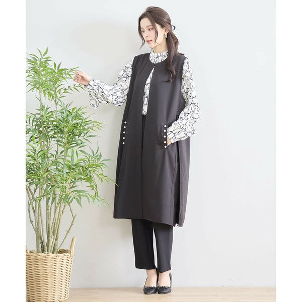 【L〜LL】TRUBE ポイントパールロングジレ 体型カバー/楽伸び N33-004