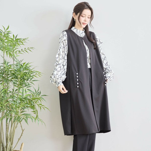 【L〜LL】TRUBE ポイントパールロングジレ 体型カバー/楽伸び N33-004