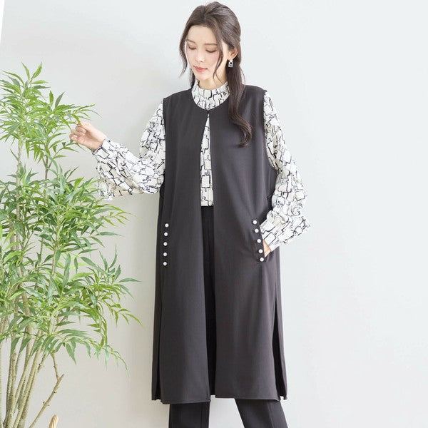 【L〜LL】TRUBE ポイントパールロングジレ 体型カバー/楽伸び N33-004