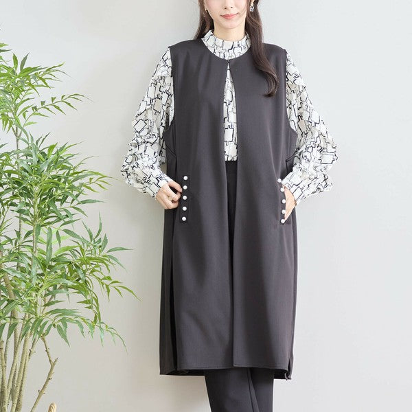 【L〜LL】TRUBE ポイントパールロングジレ 体型カバー/楽伸び N33-004