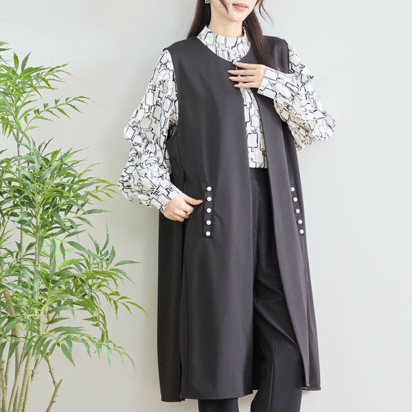 【L〜LL】TRUBE ポイントパールロングジレ 体型カバー/楽伸び N33-004