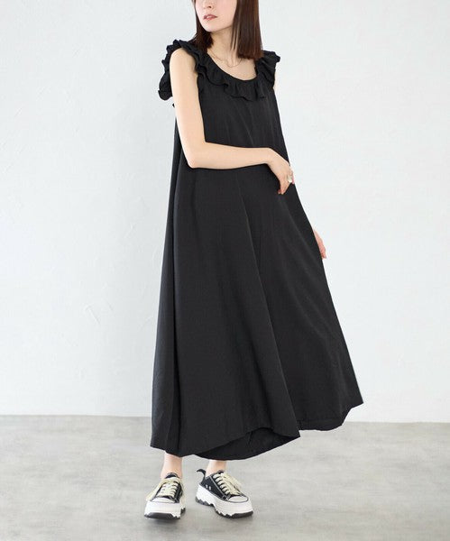 【M~L】デコルテフリル デザイン オールインワン|ワンピース風サロペット・ポリエステル素材・13691060