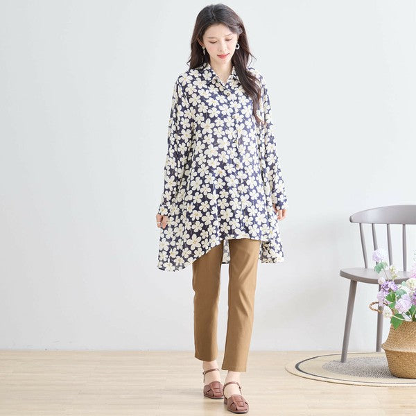 【M〜L対応】綿100・花柄ロングシャツ|前後差ヘム・羽織OK・N73-090