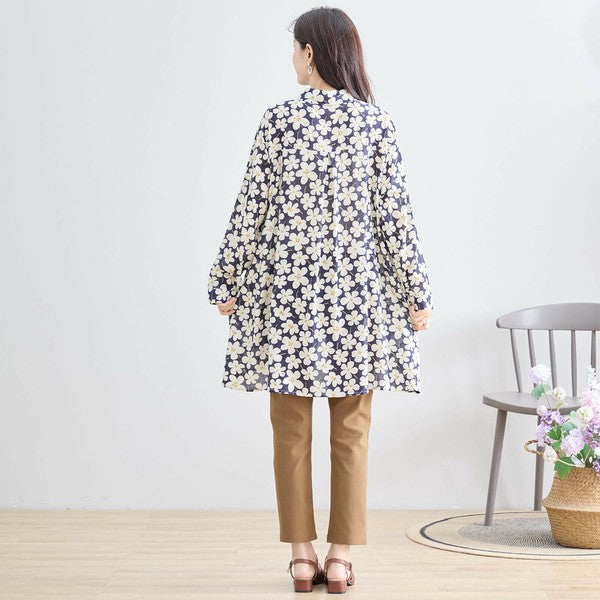 【M〜L対応】綿100・花柄ロングシャツ|前後差ヘム・羽織OK・N73-090