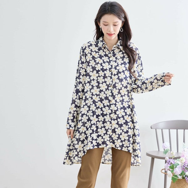 【M〜L対応】綿100・花柄ロングシャツ|前後差ヘム・羽織OK・N73-090