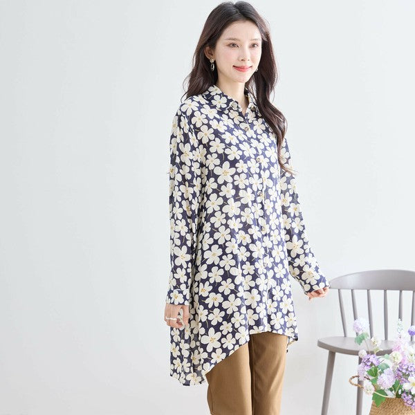 【M〜L対応】綿100・花柄ロングシャツ|前後差ヘム・羽織OK・N73-090