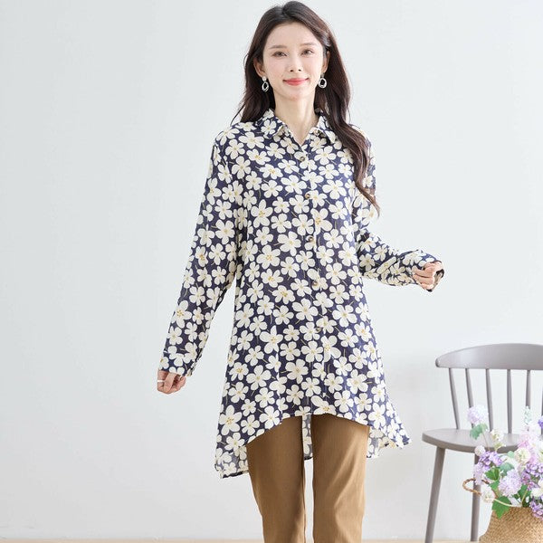 【M〜L対応】綿100・花柄ロングシャツ|前後差ヘム・羽織OK・N73-090