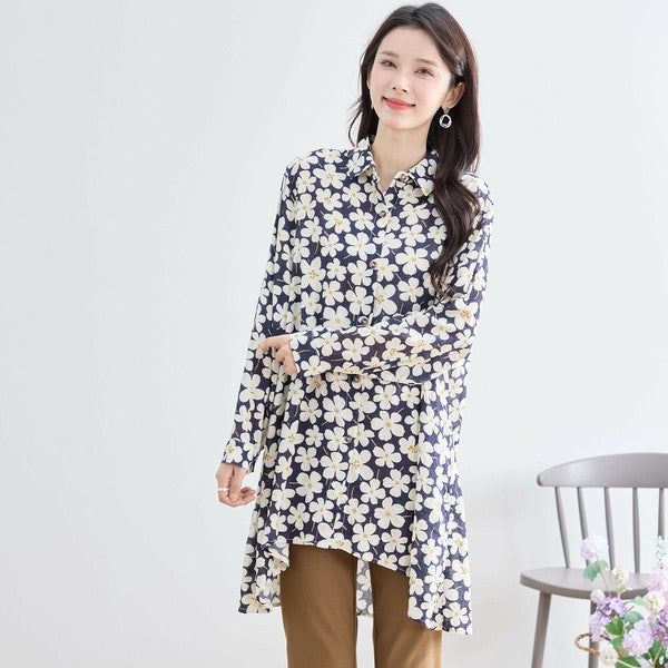 【M〜L対応】綿100・花柄ロングシャツ|前後差ヘム・羽織OK・N73-090