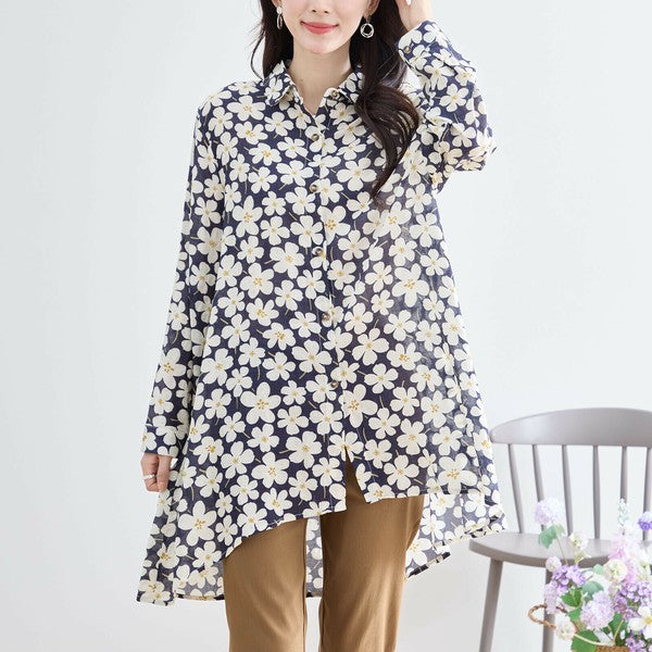 【M〜L対応】綿100・花柄ロングシャツ|前後差ヘム・羽織OK・N73-090