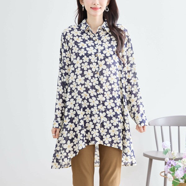 【M〜L対応】綿100・花柄ロングシャツ|前後差ヘム・羽織OK・N73-090
