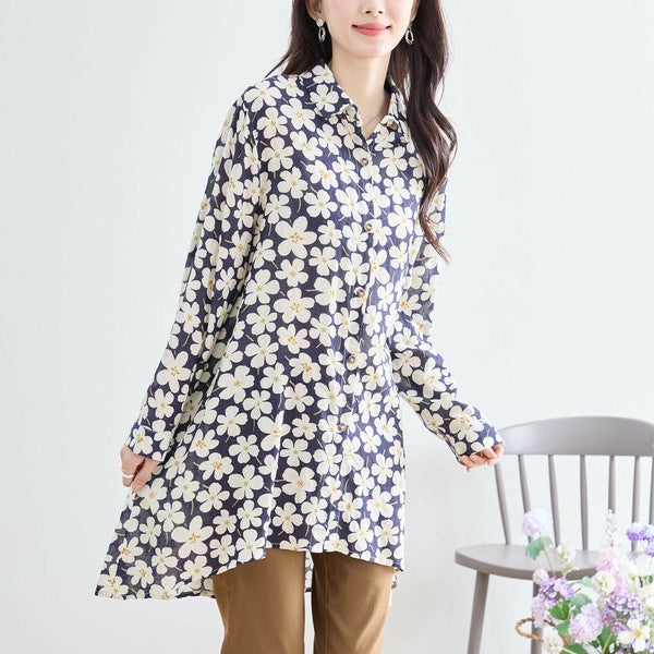【M〜L対応】綿100・花柄ロングシャツ|前後差ヘム・羽織OK・N73-090