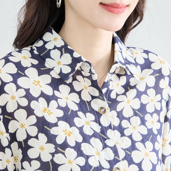 【M〜L対応】綿100・花柄ロングシャツ|前後差ヘム・羽織OK・N73-090