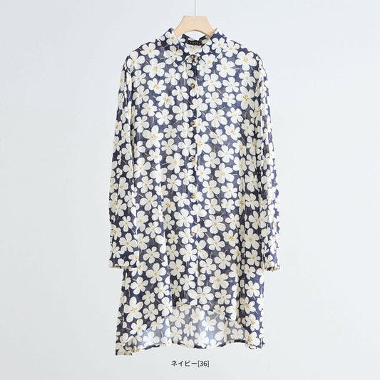 【M〜L対応】綿100・花柄ロングシャツ|前後差ヘム・羽織OK・N73-090