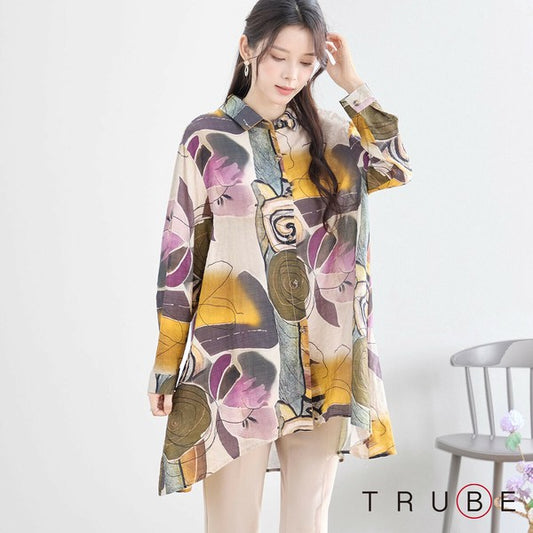 【M〜L】綿100・ボタニカルアート柄ロングシャツ|長袖・軽やかコットン・TRUBE・N73-096