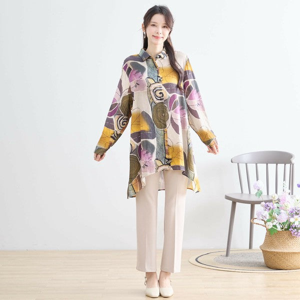 【M〜L】綿100・ボタニカルアート柄ロングシャツ|長袖・軽やかコットン・TRUBE・N73-096
