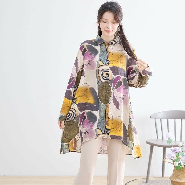【M〜L】綿100・ボタニカルアート柄ロングシャツ|長袖・軽やかコットン・TRUBE・N73-096