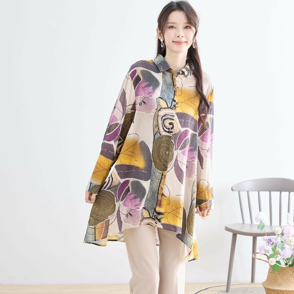 【M〜L】綿100・ボタニカルアート柄ロングシャツ|長袖・軽やかコットン・TRUBE・N73-096