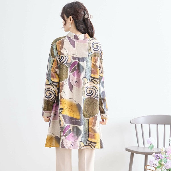 【M〜L】綿100・ボタニカルアート柄ロングシャツ|長袖・軽やかコットン・TRUBE・N73-096