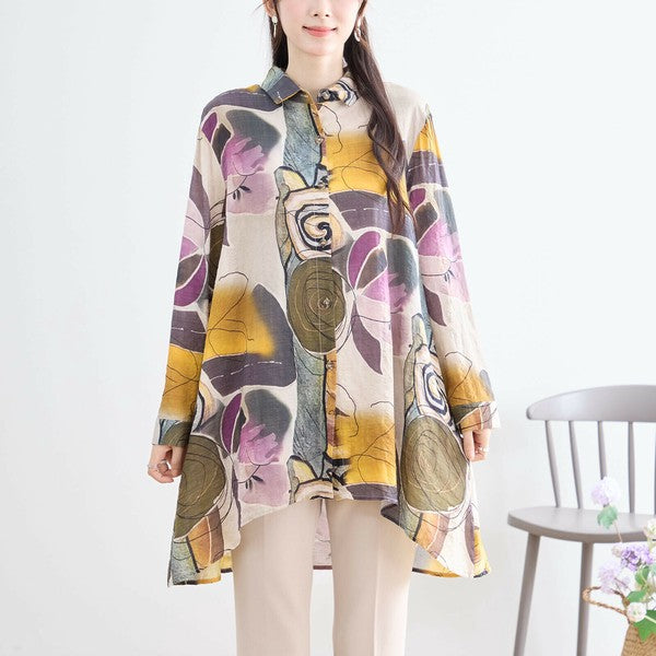 【M〜L】綿100・ボタニカルアート柄ロングシャツ|長袖・軽やかコットン・TRUBE・N73-096