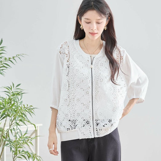 【L〜LL】フラワーレース七分袖ジップアップブルゾン|華やかパールチャーム付き軽羽織・N23-088 TRUBE