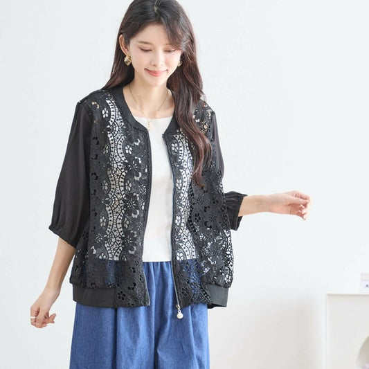 【L〜LL】フラワーレース七分袖ジップアップブルゾン|華やかパールチャーム付き軽羽織・N23-088 TRUBE
