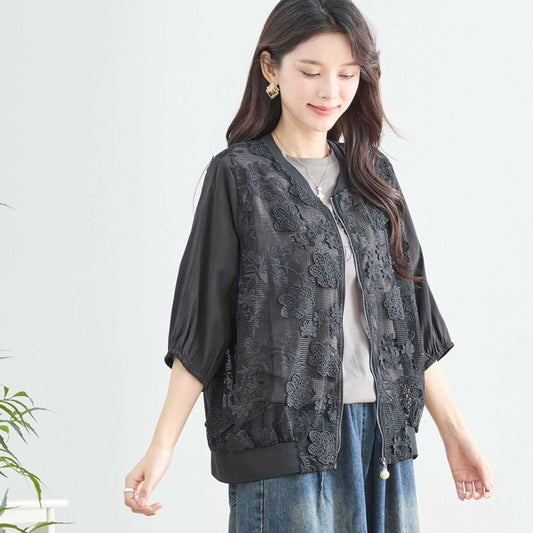 【M〜L】フラワーレースメッシュブルゾン|上品ライトアウター・7分袖・冷房対策・TRUBE N23-090