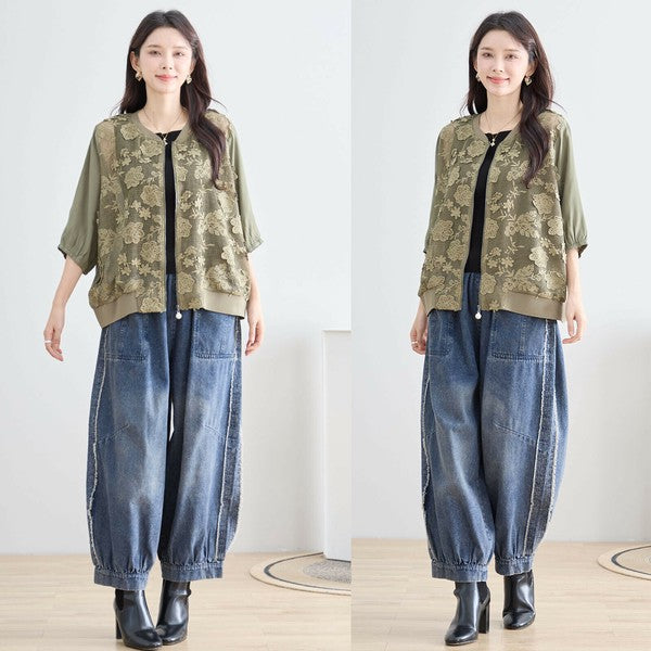 【M〜L】フラワーレースメッシュブルゾン|上品ライトアウター・7分袖・冷房対策・TRUBE N23-090