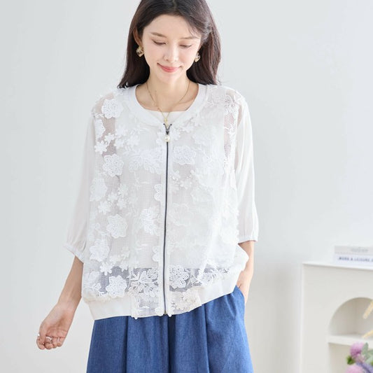 【M〜L】フラワーレースメッシュブルゾン|上品ライトアウター・7分袖・冷房対策・TRUBE N23-090