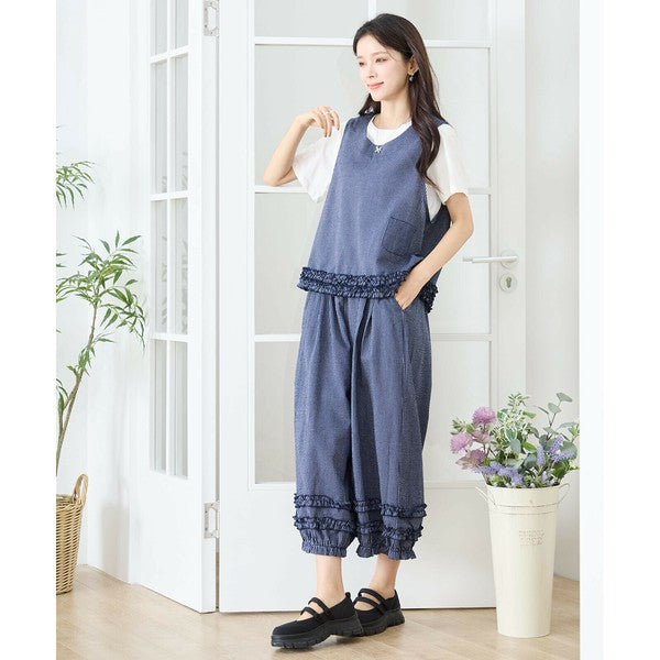 【M〜L】シャーリングフリルストライプバルーンパンツ|ふんわり 裾フリル ウエストゴム N53-047