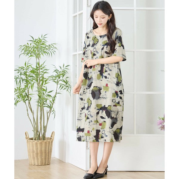 【M〜L】麻混モダンアート柄ワンピース|コクーンシルエット 大人カジュアル N83-207