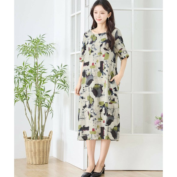 【M〜L】麻混モダンアート柄ワンピース|コクーンシルエット 大人カジュアル N83-207
