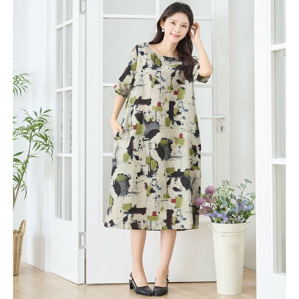 【M〜L】麻混モダンアート柄ワンピース|コクーンシルエット 大人カジュアル N83-207
