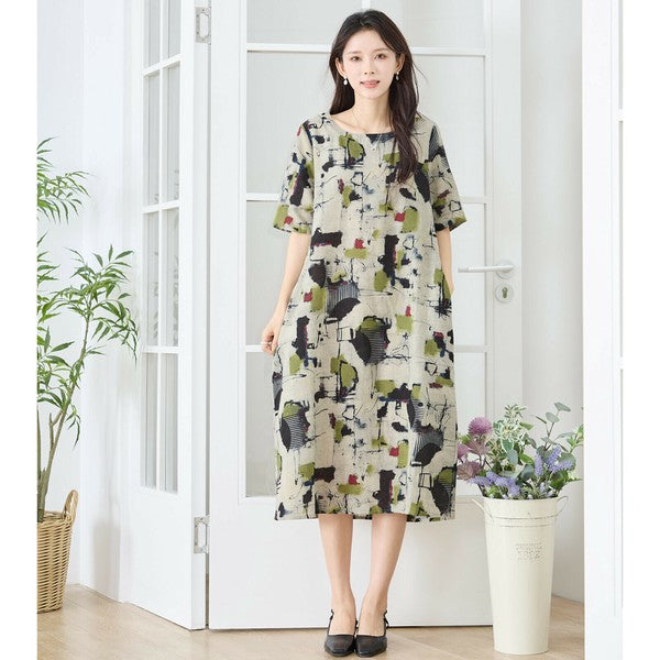 【M〜L】麻混モダンアート柄ワンピース|コクーンシルエット 大人カジュアル N83-207