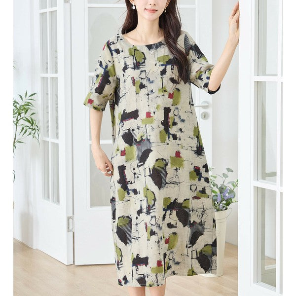 【M〜L】麻混モダンアート柄ワンピース|コクーンシルエット 大人カジュアル N83-207