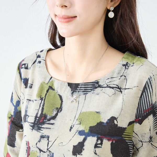 【M〜L】麻混モダンアート柄ワンピース|コクーンシルエット 大人カジュアル N83-207