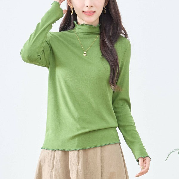 【M〜L・L〜LL】メロウフリルハイネックカットソー|伸縮ストレッチ・長袖トップス・秋冬レイヤード・C01-108