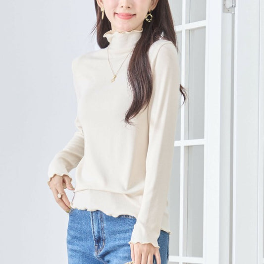 【M〜L・L〜LL】メロウフリルハイネックカットソー|伸縮ストレッチ・長袖トップス・秋冬レイヤード・C01-108