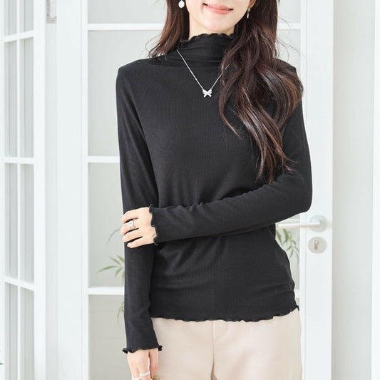 【M〜L・L〜LL】メロウフリルハイネックカットソー|伸縮ストレッチ・長袖トップス・秋冬レイヤード・C01-108