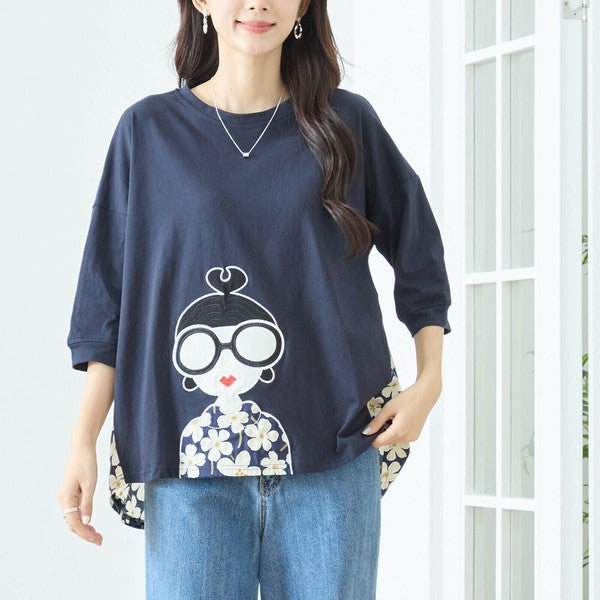 【M〜L】レトロガールプリント バックフラワーカットソー|異素材デザイン・ゆったりシルエット・TRUBE N13-320