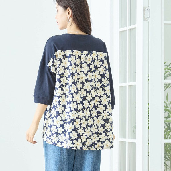 【M〜L】レトロガールプリント バックフラワーカットソー|異素材デザイン・ゆったりシルエット・TRUBE N13-320