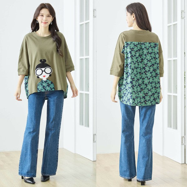 【M〜L】レトロガールプリント バックフラワーカットソー|異素材デザイン・ゆったりシルエット・TRUBE N13-320