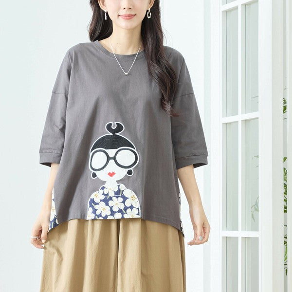 【M〜L】レトロガールプリント バックフラワーカットソー|異素材デザイン・ゆったりシルエット・TRUBE N13-320