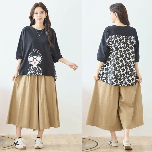 【M〜L】レトロガールプリント バックフラワーカットソー|異素材デザイン・ゆったりシルエット・TRUBE N13-320
