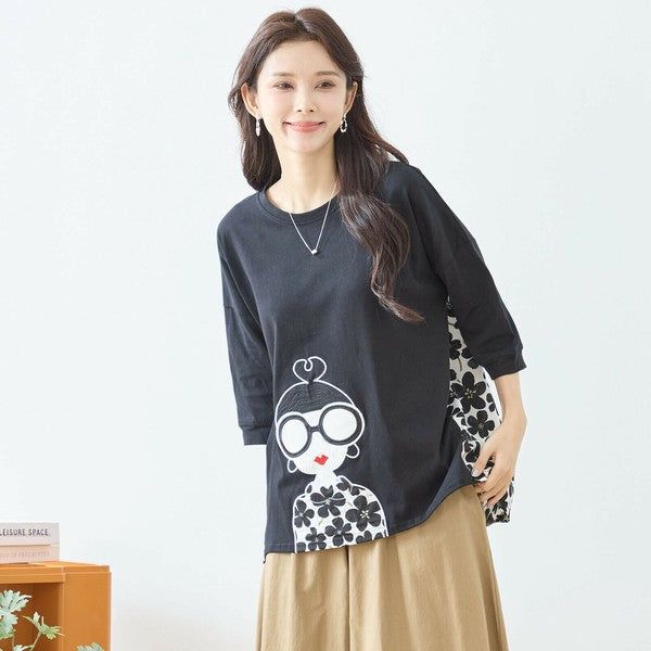 【M〜L】レトロガールプリント バックフラワーカットソー|異素材デザイン・ゆったりシルエット・TRUBE N13-320